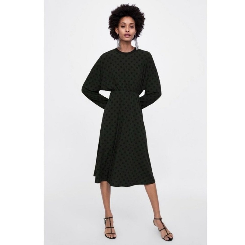Zara Olive Green Black Polka Dot A-Line Dress Size M NWOT